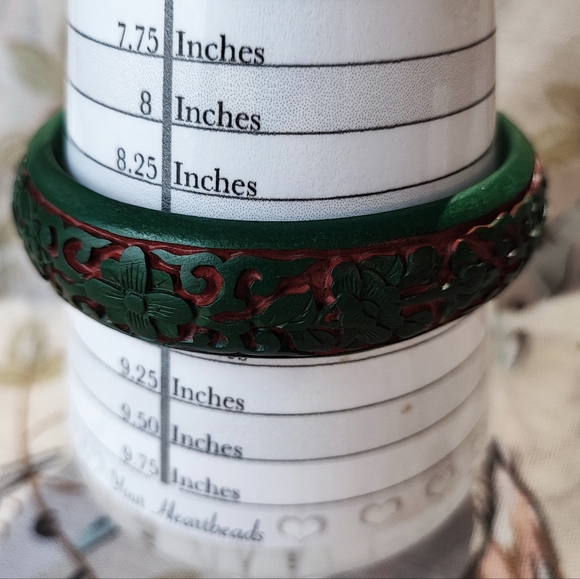 Carved Green Dark Coral Bangle Bracelet Vintage Wood Wooden 8 1/2" Cinnabar? - Picture 3 of 8